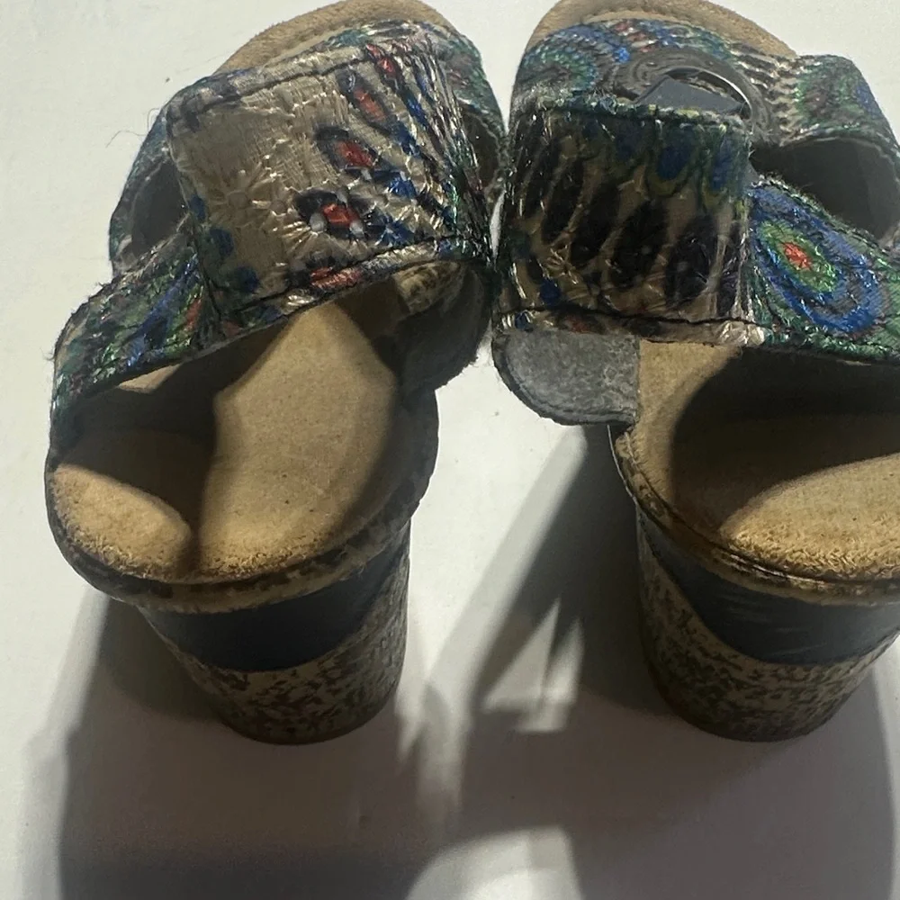Rieker Roberta Peacock Colorful heeled wedge Sandals metallic ring elastic strap